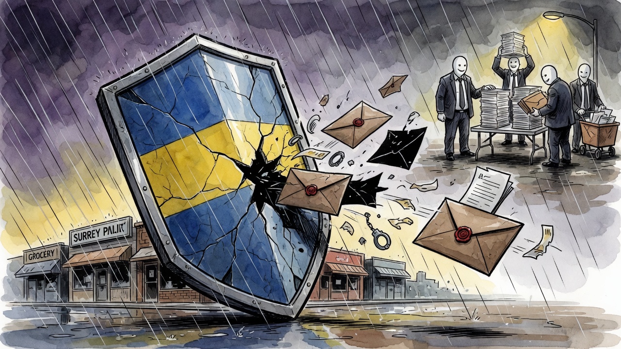 Editorial cartoon of a cracked police shield protecting a Surrey neighbourhood while officials in the distance stack paperwork