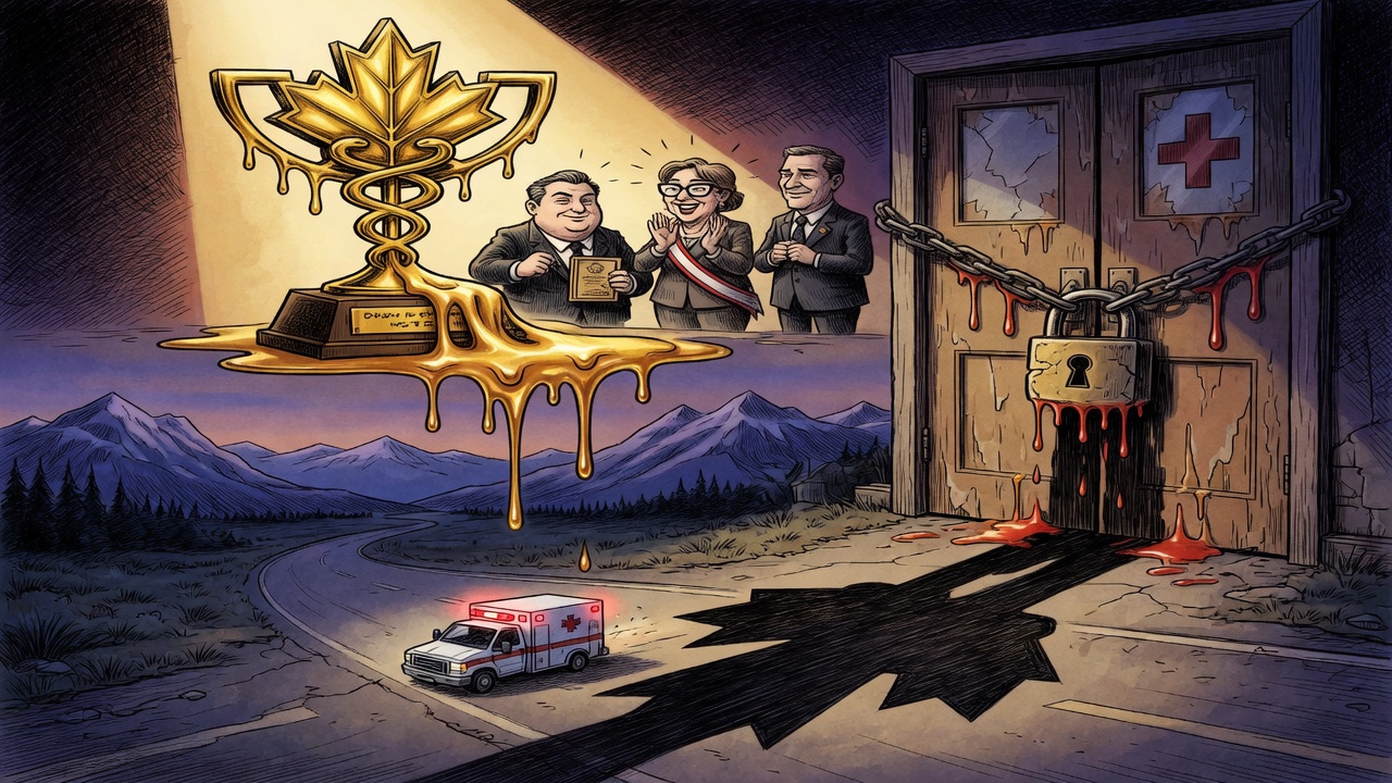 Editorial cartoon of a health-care trophy melting into a locked rural hospital door while an ambulance faces a long dark highway
