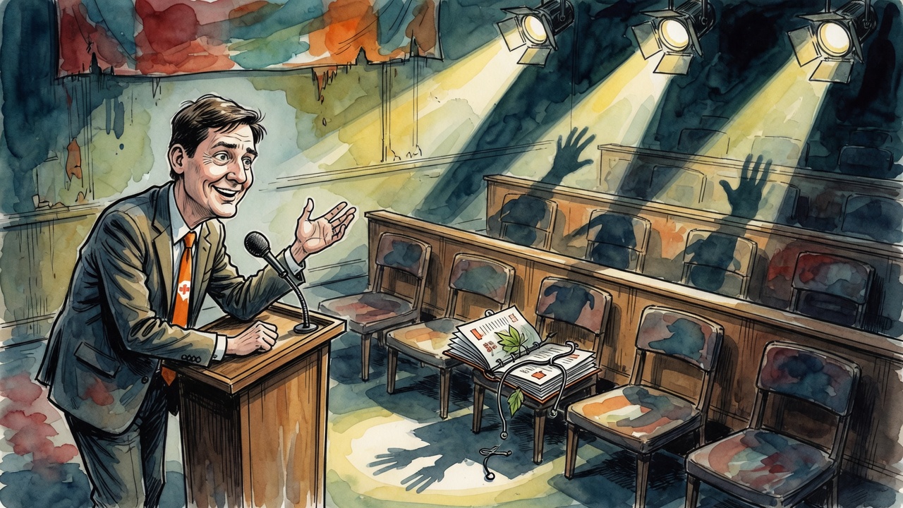 Editorial cartoon of a campaign podium facing empty cabinet chairs