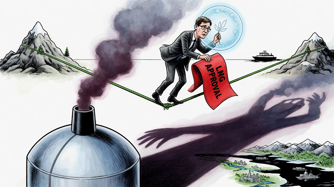 Editorial cartoon of a politician balancing climate branding and an LNG approval certificate above a large LNG tank