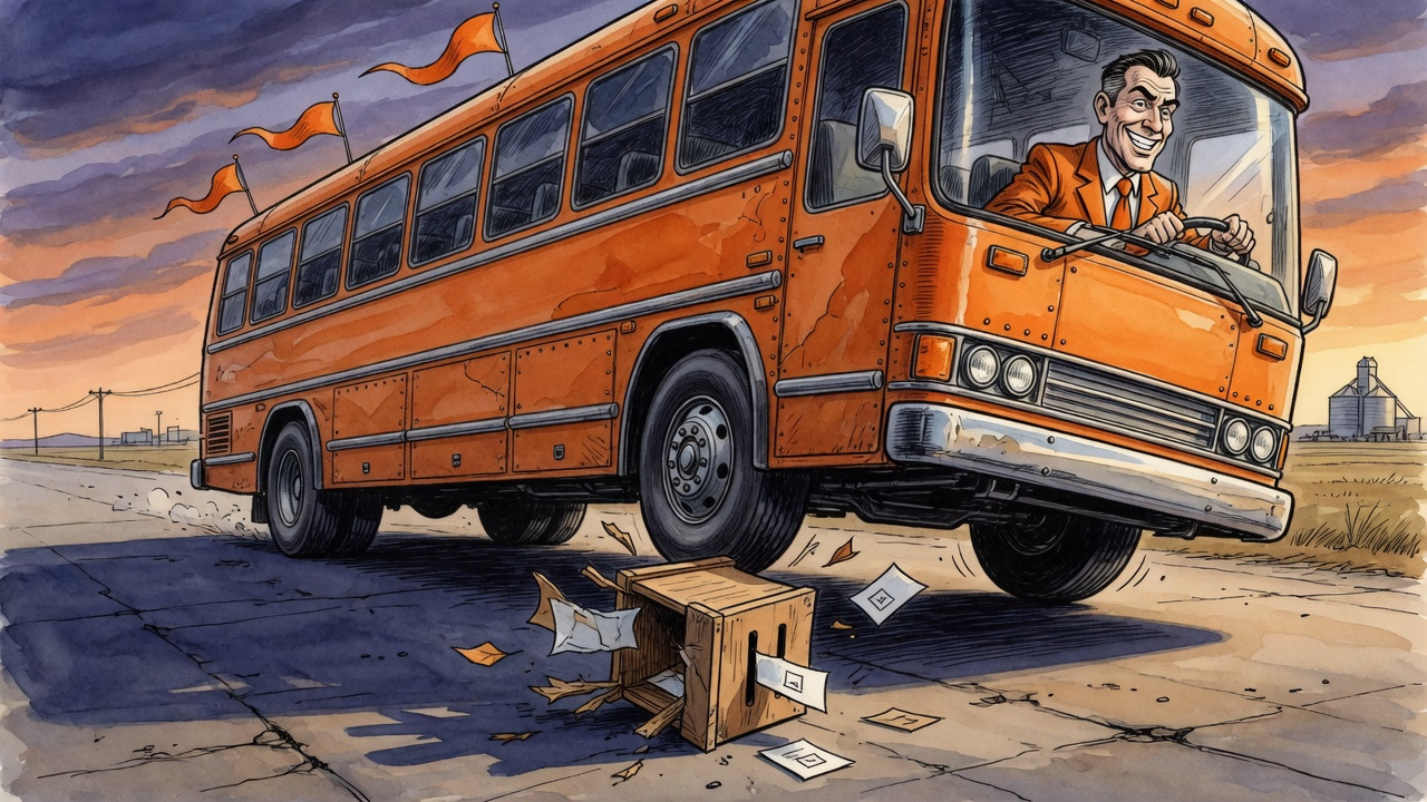 Editorial cartoon of a provincial campaign bus overwhelming a small municipal ballot box