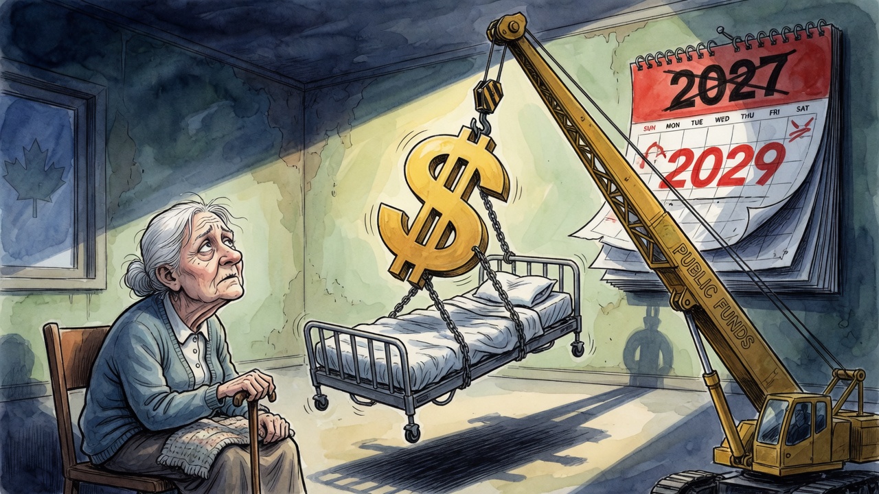 Editorial cartoon of a seniors-care bed lifted by a crane shaped like a dollar sign as a calendar shifts from 2027 to 2029