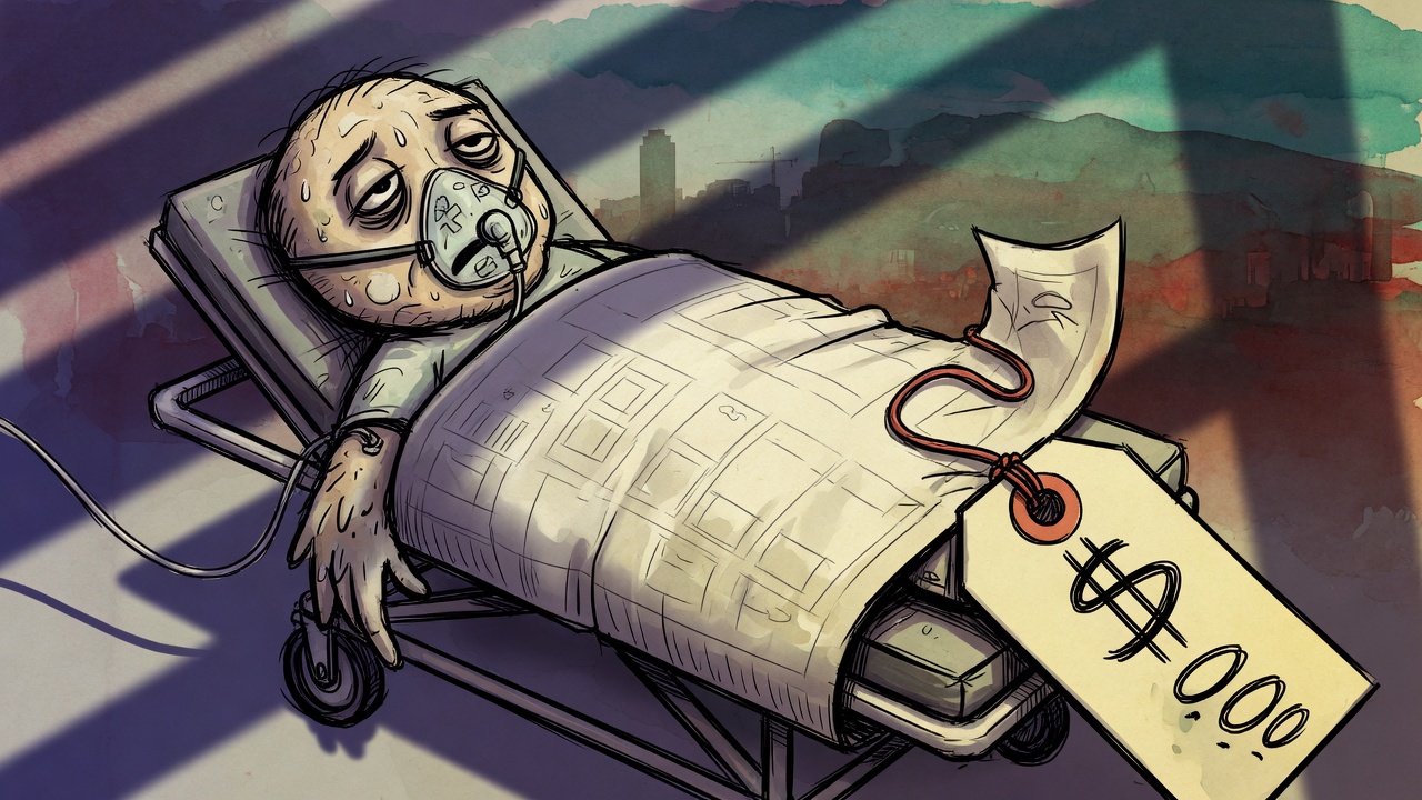 Editorial cartoon of a hospital redevelopment wrapped in an oversized blank blueprint and price tag
