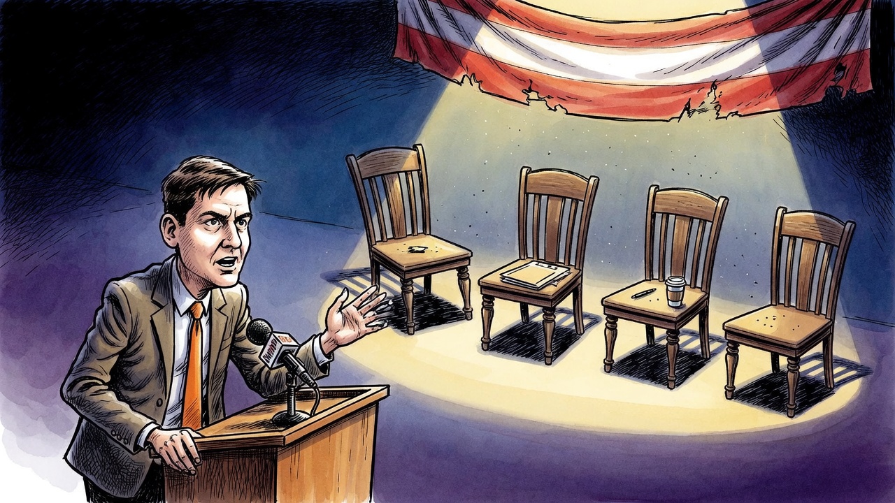 Editorial cartoon of a campaign podium facing empty cabinet chairs