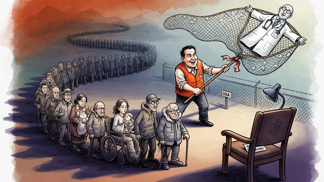 Editorial cartoon of a campaign health-care announcement beside a long patient lineup and an empty minister chair