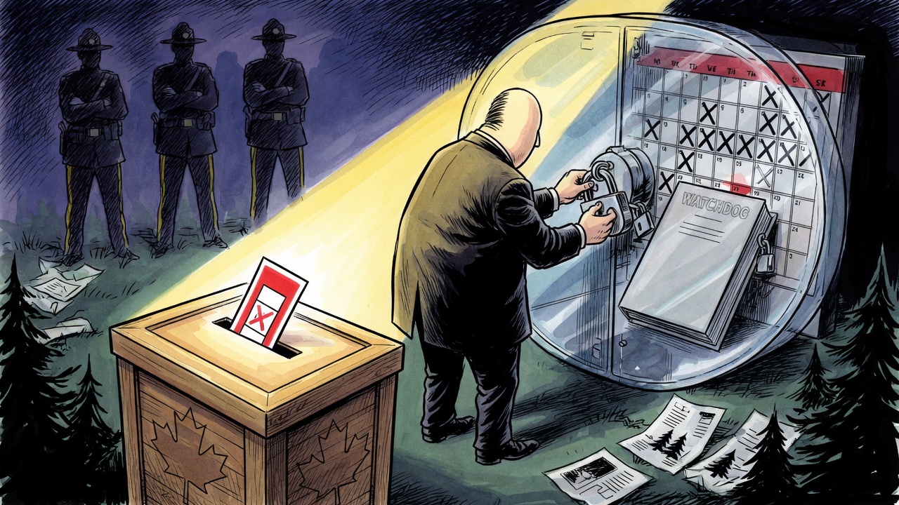 Editorial cartoon of a ballot box and a sealed watchdog report locked behind a calendar