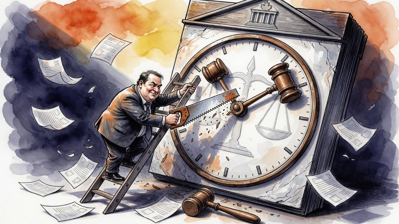Editorial cartoon of a politician tampering with the hands of a giant clock-calendar outside a courthouse