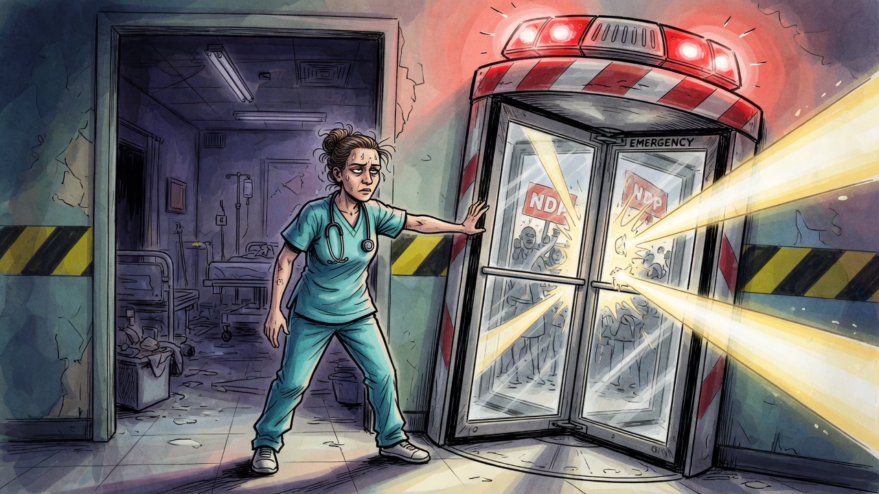 Editorial cartoon of a nurse at a hospital doorway confronting a revolving-door health-care crisis