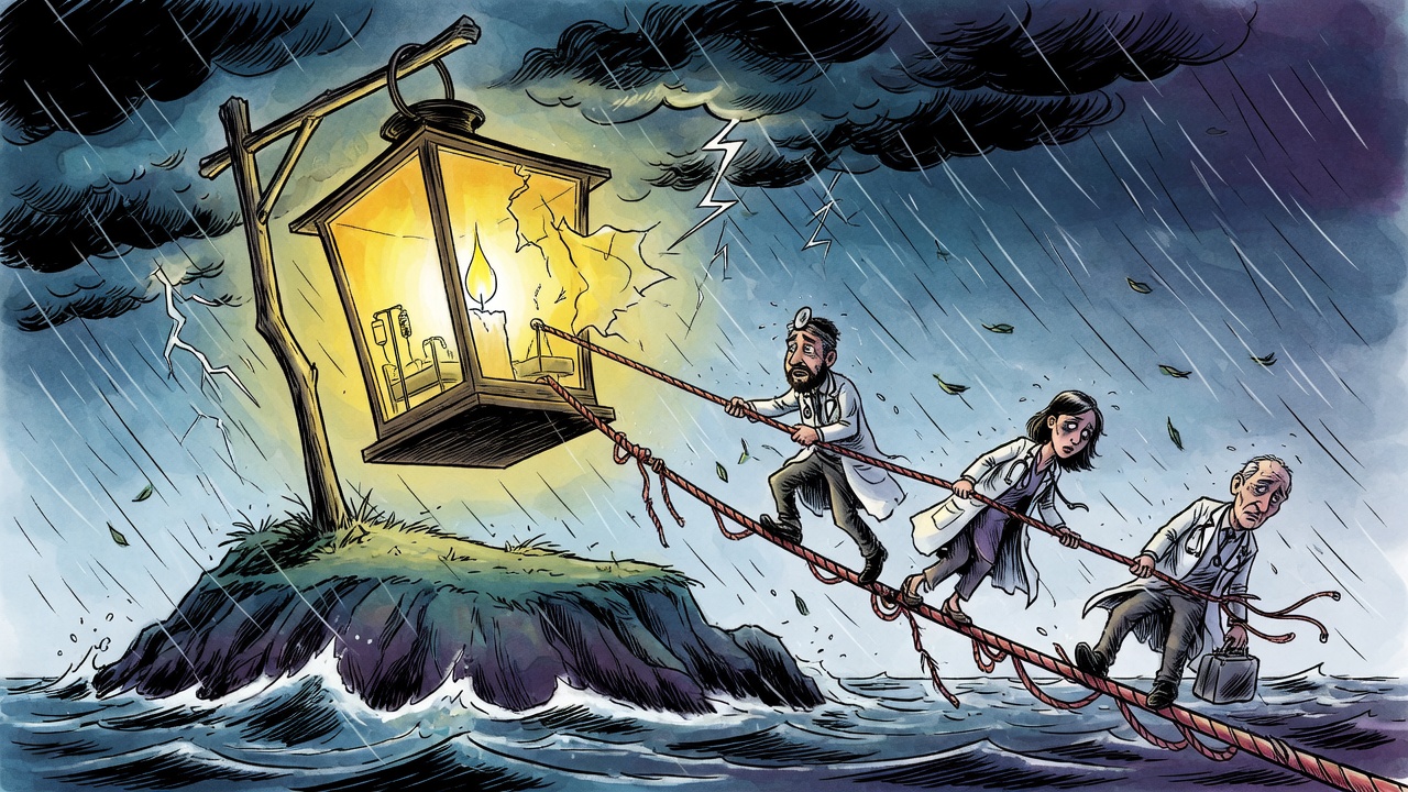 Editorial cartoon of a storm-battered rural hospital lantern flickering while doctors are pulled toward it by a fraying lifeline