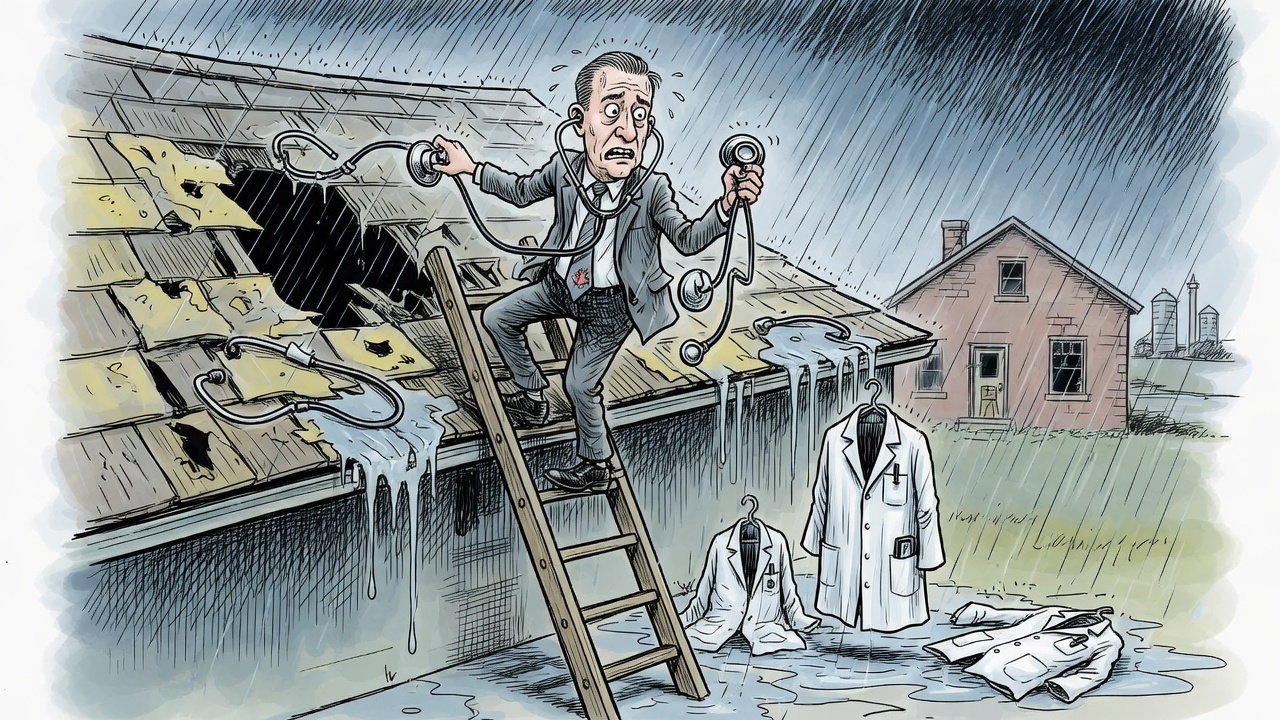 Editorial cartoon of a politician polishing a health-care trophy while a rural clinic behind him has empty coats and blank vacancy papers swirling