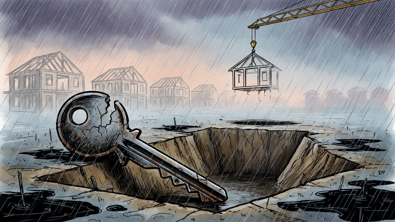 Editorial cartoon of a cracked house key spanning an empty Vancouver construction pit as half-built homes fade beyond it