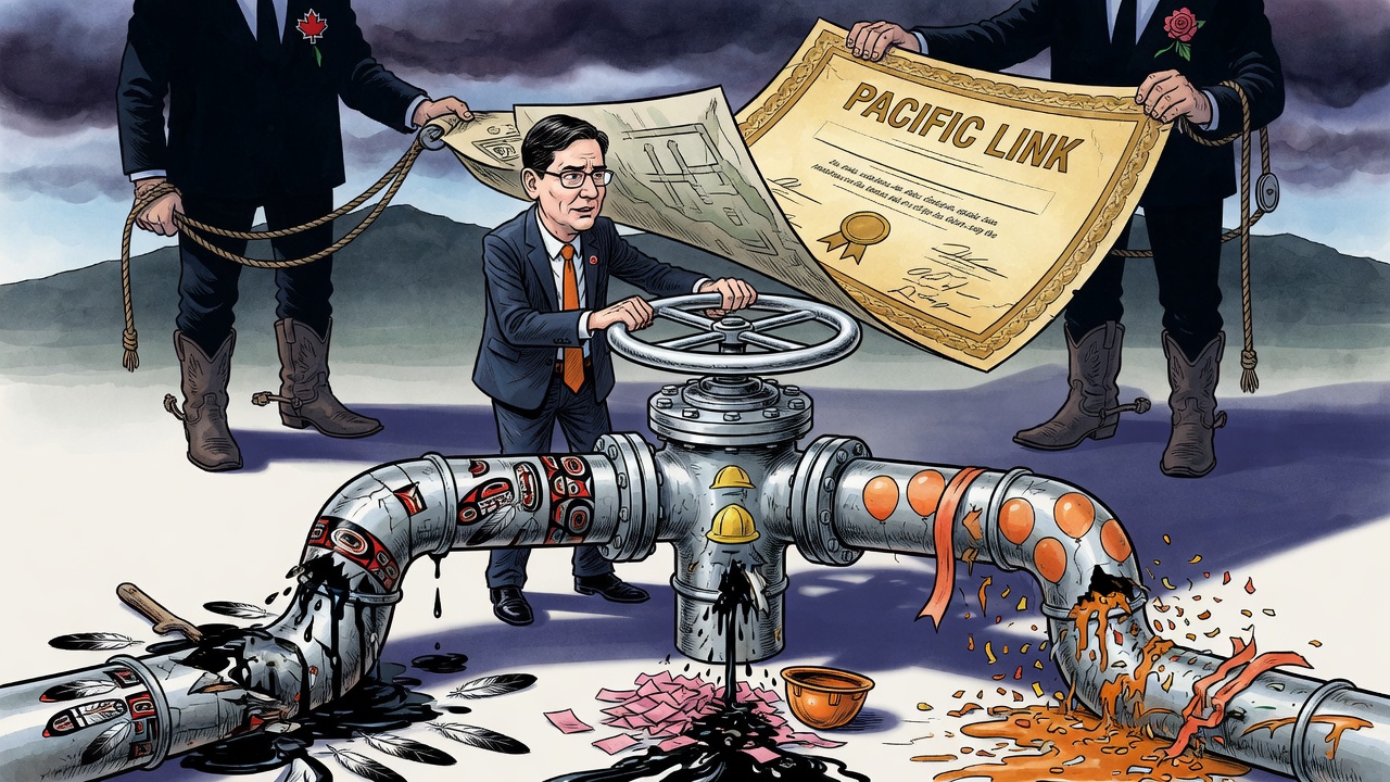 Editorial cartoon of a caricatured politician gripping a three-way pipeline valve as oversized project papers loom behind him