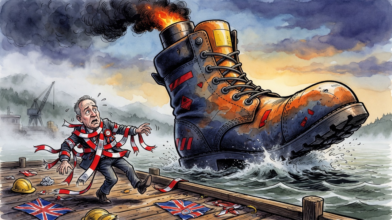 Editorial cartoon of a giant work boot and LNG project scene pressing against tangled permit ribbons on a dock