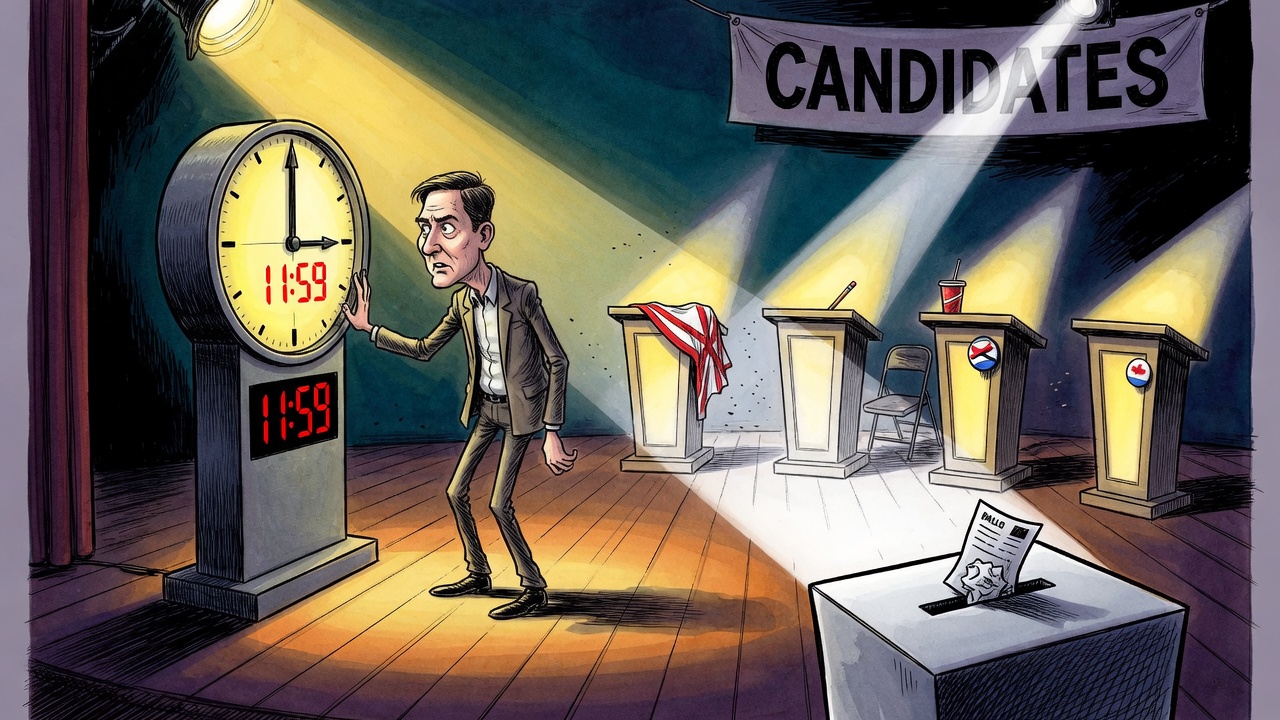 Editorial cartoon of a snap-election deadline clock looming over four empty candidate podiums