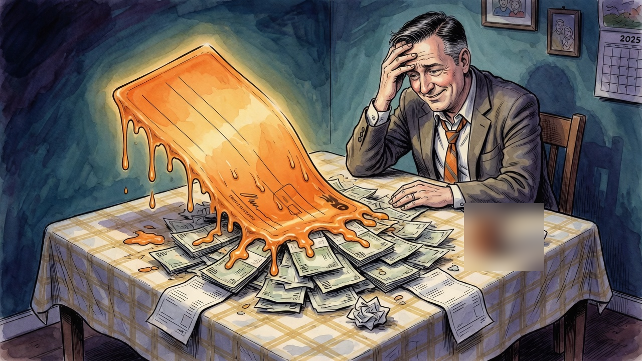 Editorial cartoon of a politician at a kitchen table watching a glowing promise cheque melt into a pile of household bills