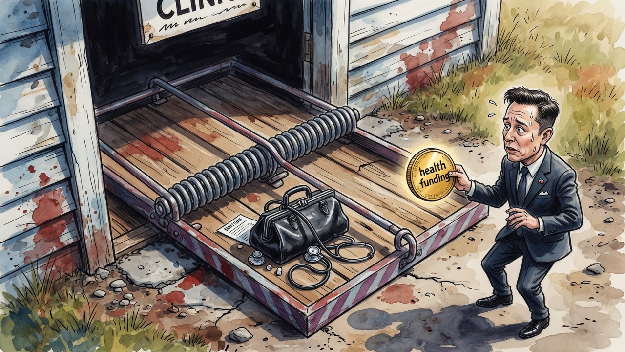 Editorial cartoon of a clinic doorway becoming a trap as health-care funding is held just out of reach