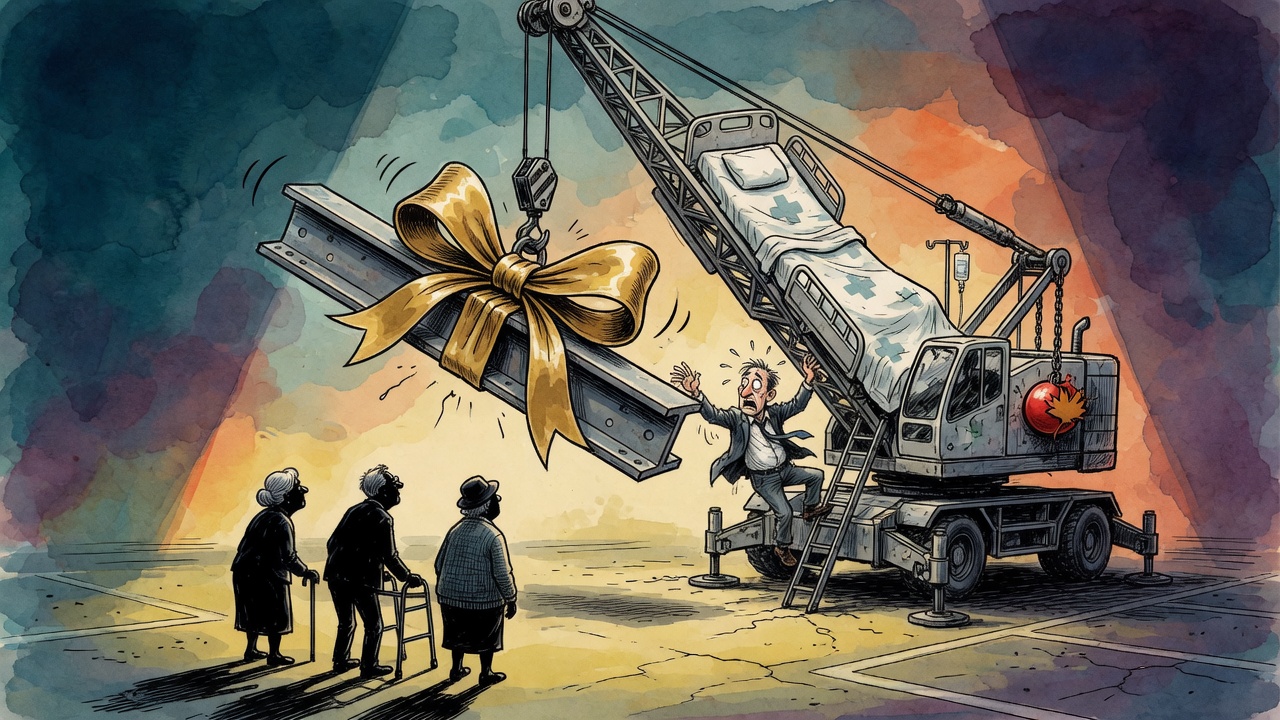 Editorial cartoon of a crane lifting a hospital bed and steel beam tied with a ribbon as seniors wait beside a stalled care-home construction scene