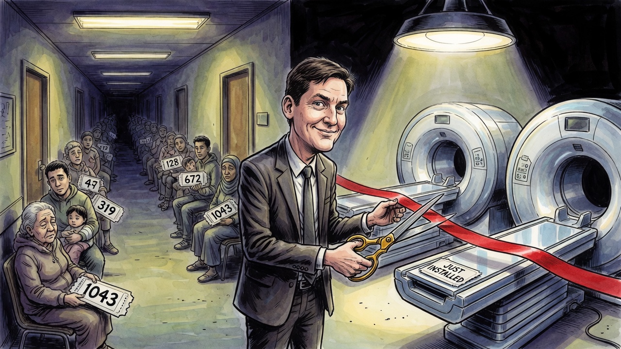 Editorial cartoon of a politician cutting a ribbon on new hospital scanners while a long line of patients waits with numbered tickets