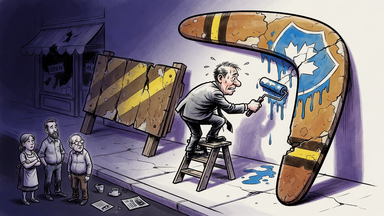 Editorial cartoon of a nervous politician repainting a cracked public-safety barrier while shopkeepers stand in shadow