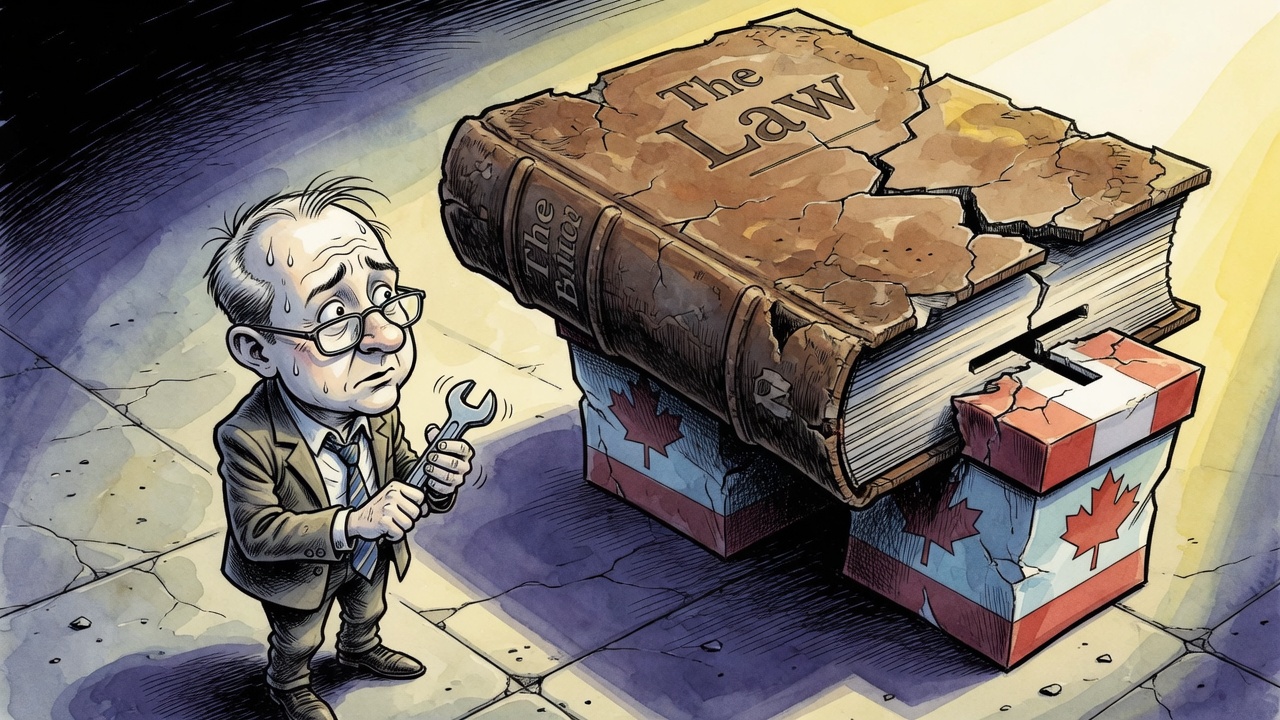 Editorial cartoon of a worried premier beside a cracked oversized law book blocking a ballot box