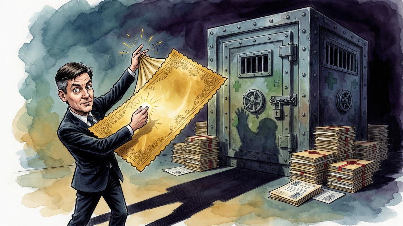 Editorial cartoon of a politician waving a blank coupon while an insurance vault casts a shadow over sealed claim folders