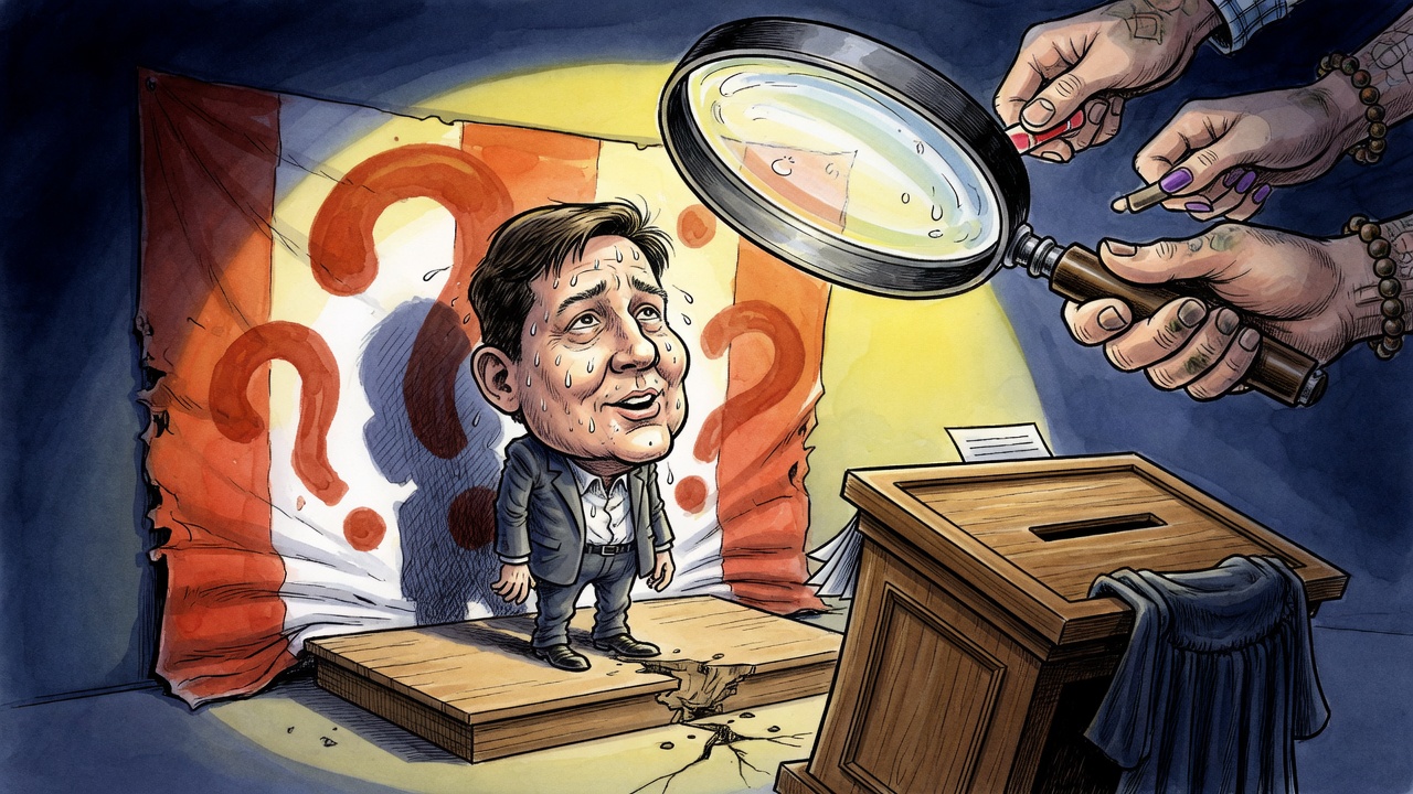 Editorial cartoon of David Eby being scrutinized under a giant magnifying glass by voters as a ballot box looms like a judge bench
