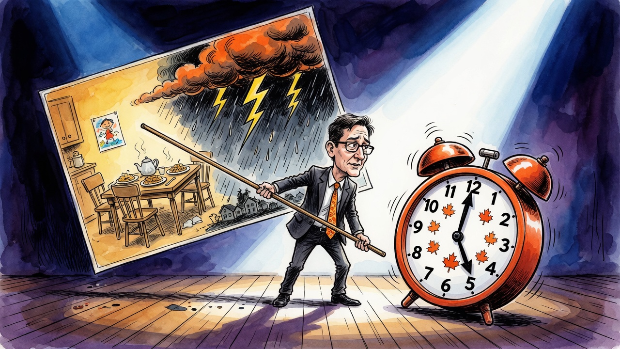 Editorial cartoon of David Eby changing a campaign stage backdrop from a storm cloud to a family kitchen table beside an oversized election alarm clock