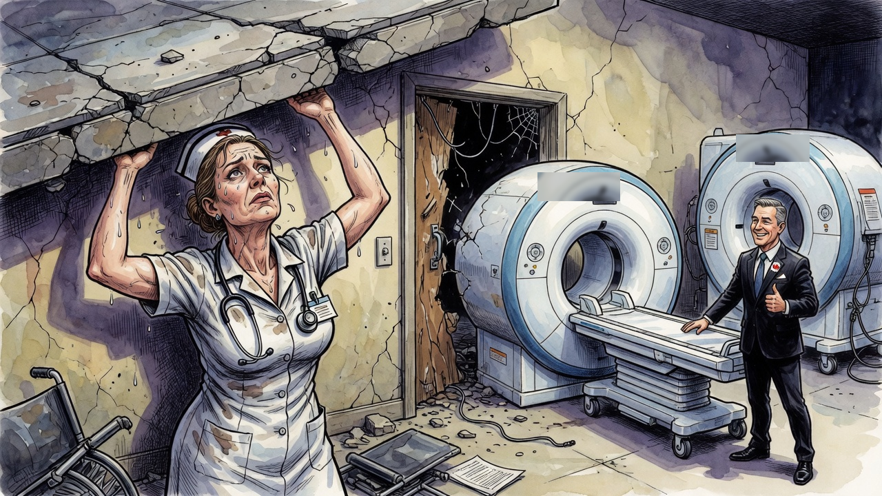 Editorial cartoon of an exhausted nurse holding up a cracking hospital roof while a politician wheels diagnostic machines toward a collapsing emergency-room doorway
