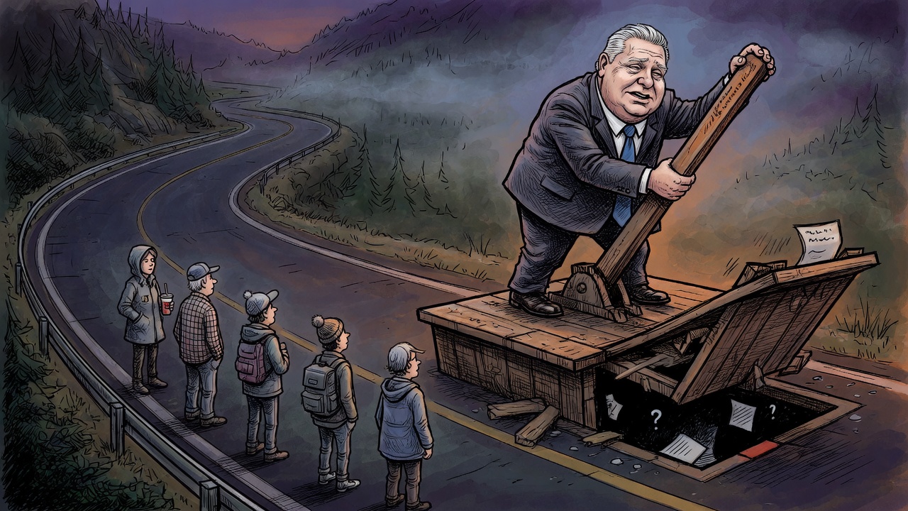 Editorial cartoon of a premier pulling a snap-election lever that opens a trapdoor beneath his campaign podium