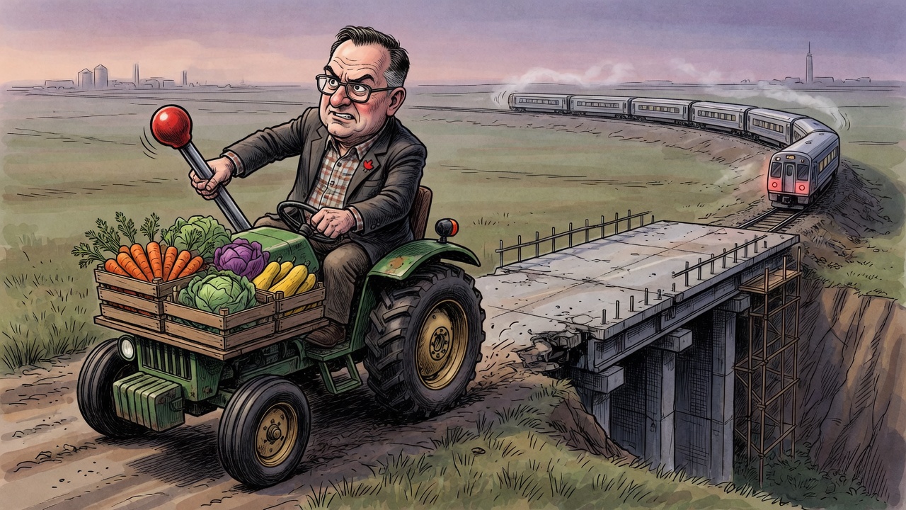 Editorial cartoon of a provincial leader pulling a tractor brake before a half-built farm bridge as a train disappears in the distance