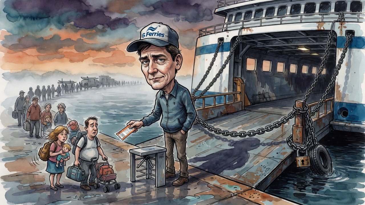 Editorial cartoon of a chained ferry gate and a tiny boarding pass offered to coastal residents