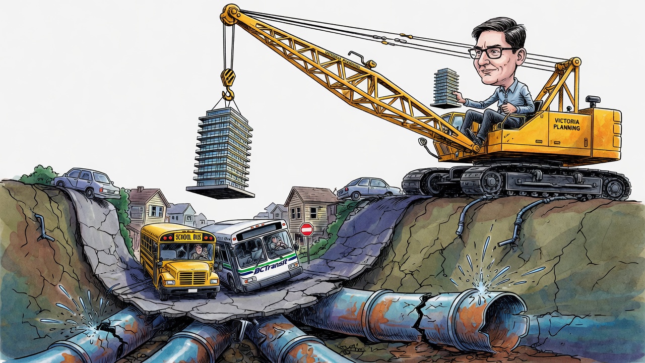 Editorial cartoon of apartment towers being lowered onto an overloaded Colwood street while pipes burst and buses are stuck