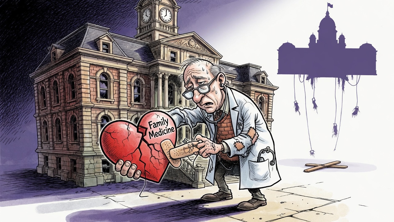 Editorial cartoon of a municipal city hall transformed into an exhausted doctor trying to hold up primary care