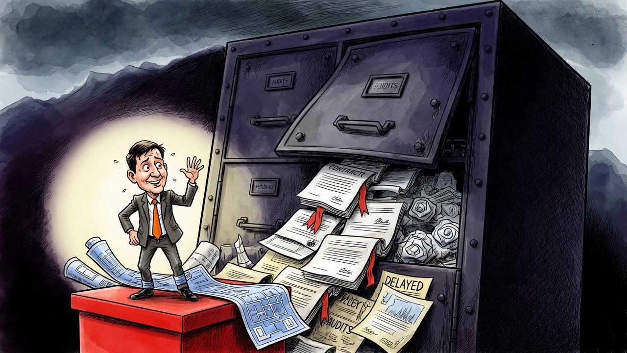 Editorial cartoon of a politician campaigning in front of a looming locked government audit vault
