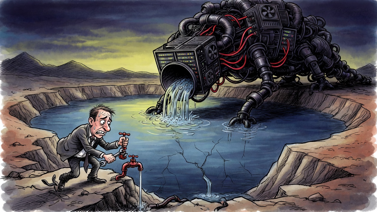 Editorial cartoon of a politician tightening a small valve while a huge AI machine drains a shrinking reservoir