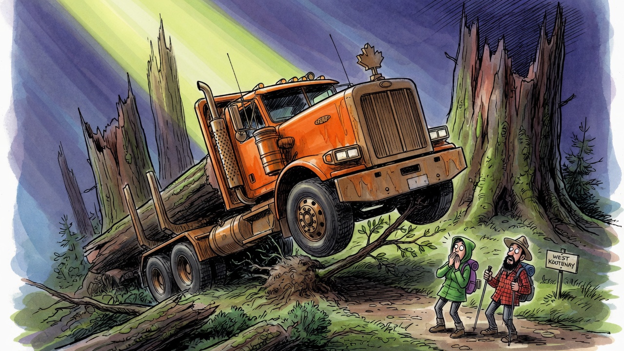 Editorial cartoon of an orange logging truck cutting through ancient forest while hikers look on