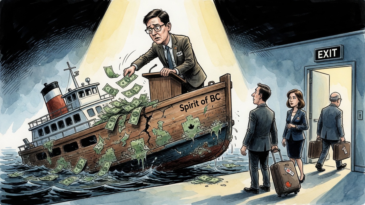 Editorial cartoon of a premier figure patching a sinking ferry-shaped economy as business owners leave