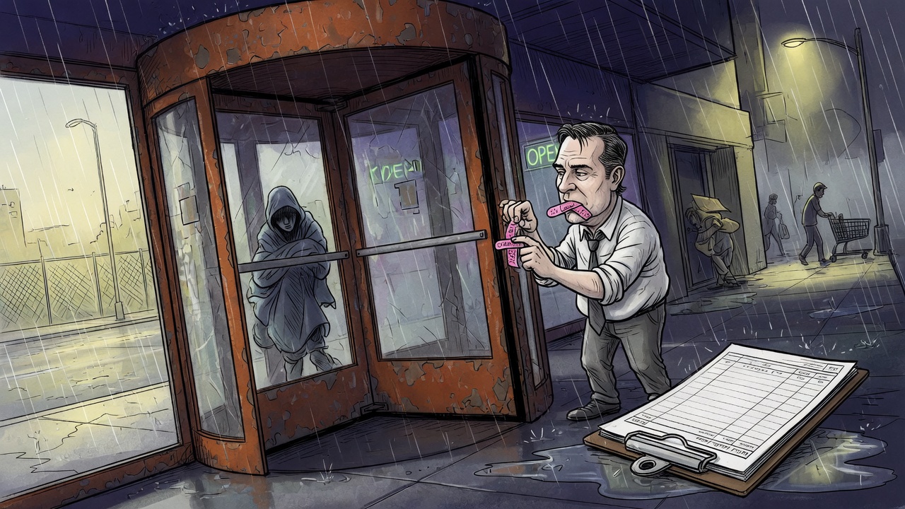 Editorial cartoon of a revolving door on a rainy urban street as a politician patches the mechanism while an accountability ledger sits unused