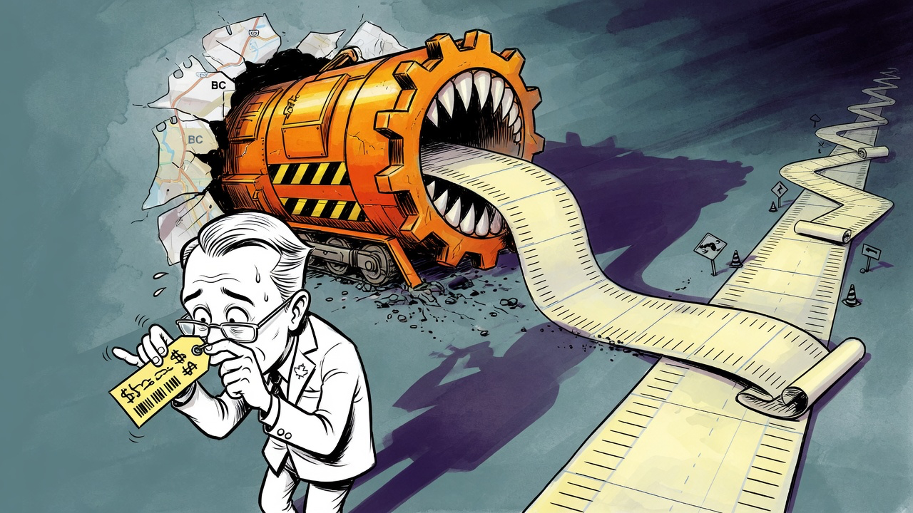 Editorial cartoon of a nervous premier with a tunnel machine behind him unrolling a huge taxpayer receipt