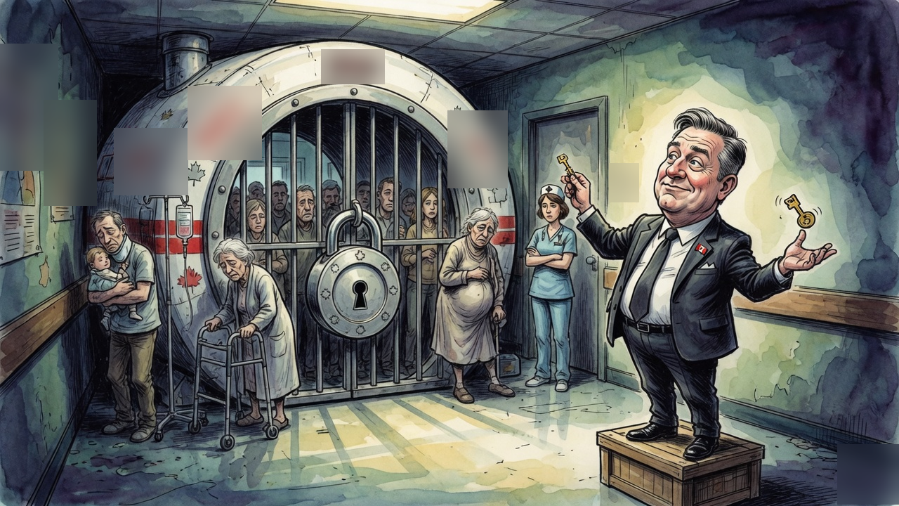 Editorial cartoon of a hospital corridor where a locked MRI scanner blocks waiting patients while a politician holds a tiny key