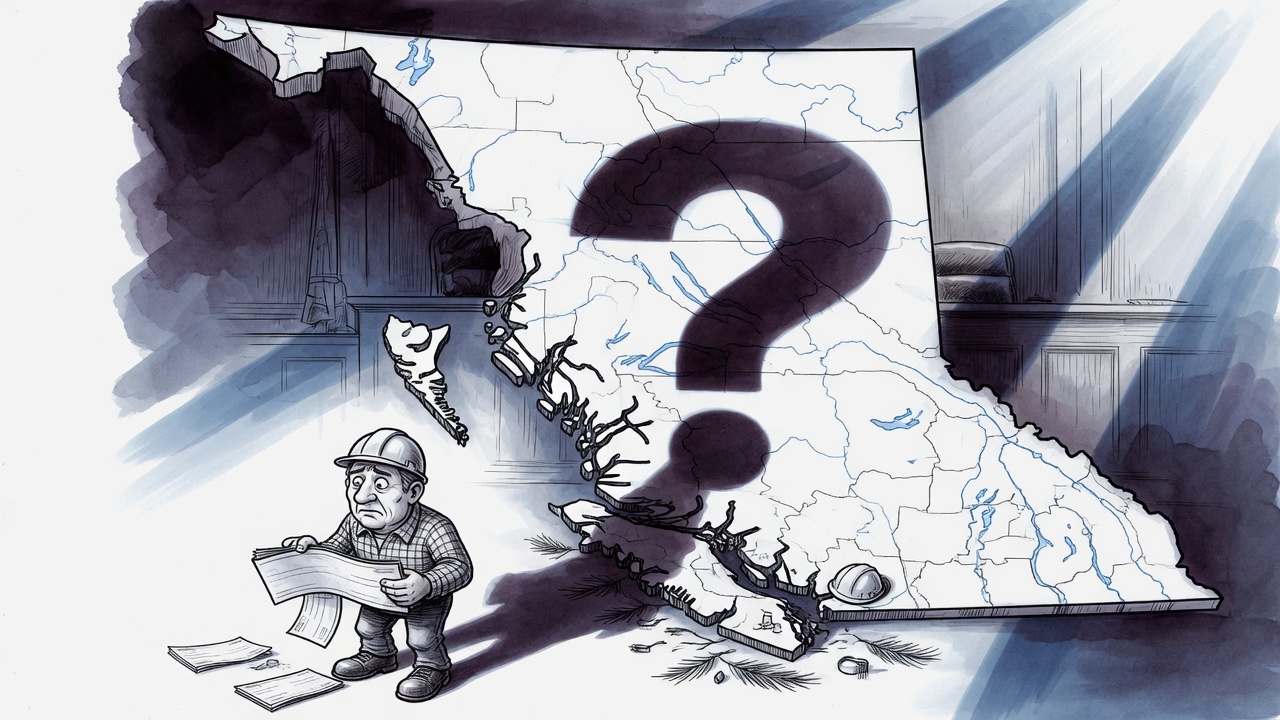 Editorial cartoon of a worried mill worker holding an empty cheque book beneath a looming map-shaped question mark made of blank forest parcels