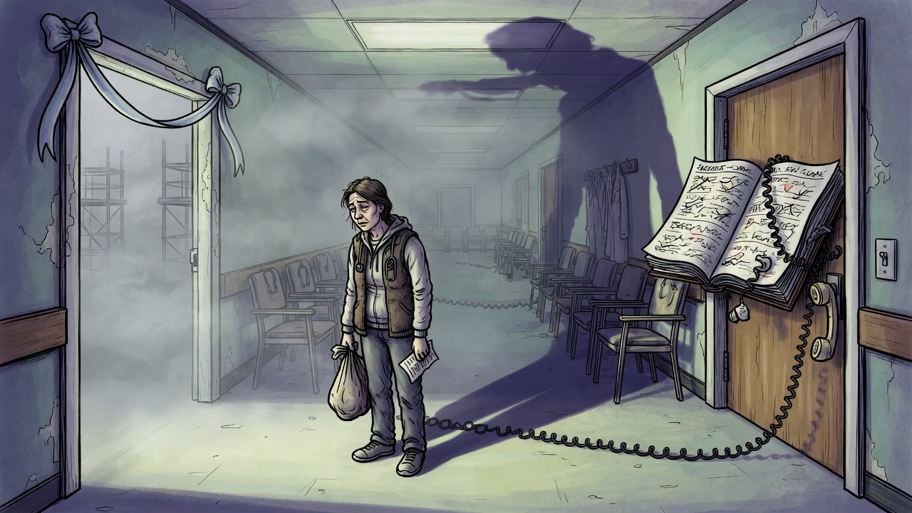 Editorial cartoon of a tired patient between a ribboned urgent-care doorway and an appointment-book barrier while empty doctor chairs cast a long shadow