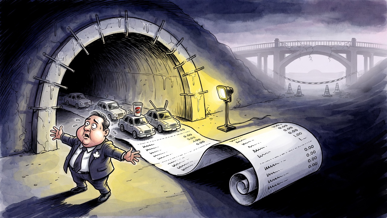 Editorial cartoon of commuters being ushered into a half-built tunnel whose floor is a giant blank curling receipt