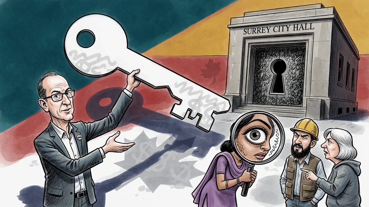 Editorial cartoon of a politician offering Surrey City Hall a giant blank key while residents inspect the fine print