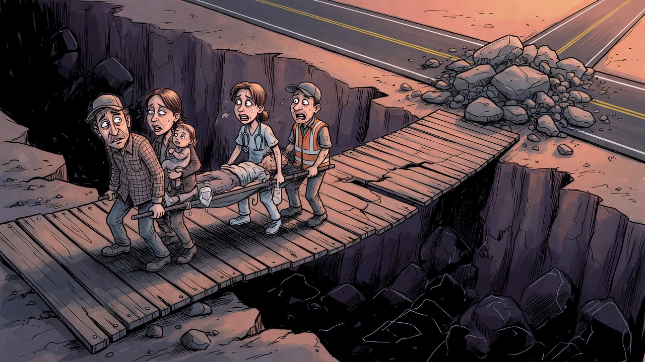 Editorial cartoon of an ambulance and family balancing across a fragile forest-road plank while the main highway is blocked by rockfall