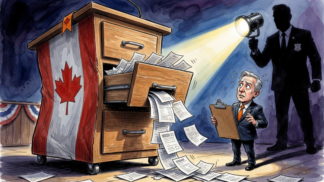 Editorial cartoon of a campaign podium shaped like an overstuffed real estate filing cabinet under a regulator's spotlight