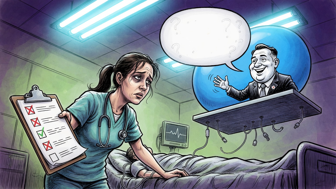 Editorial cartoon of a weary nurse holding a checklist at a hospital bedside while a campaign podium offers an empty speech bubble