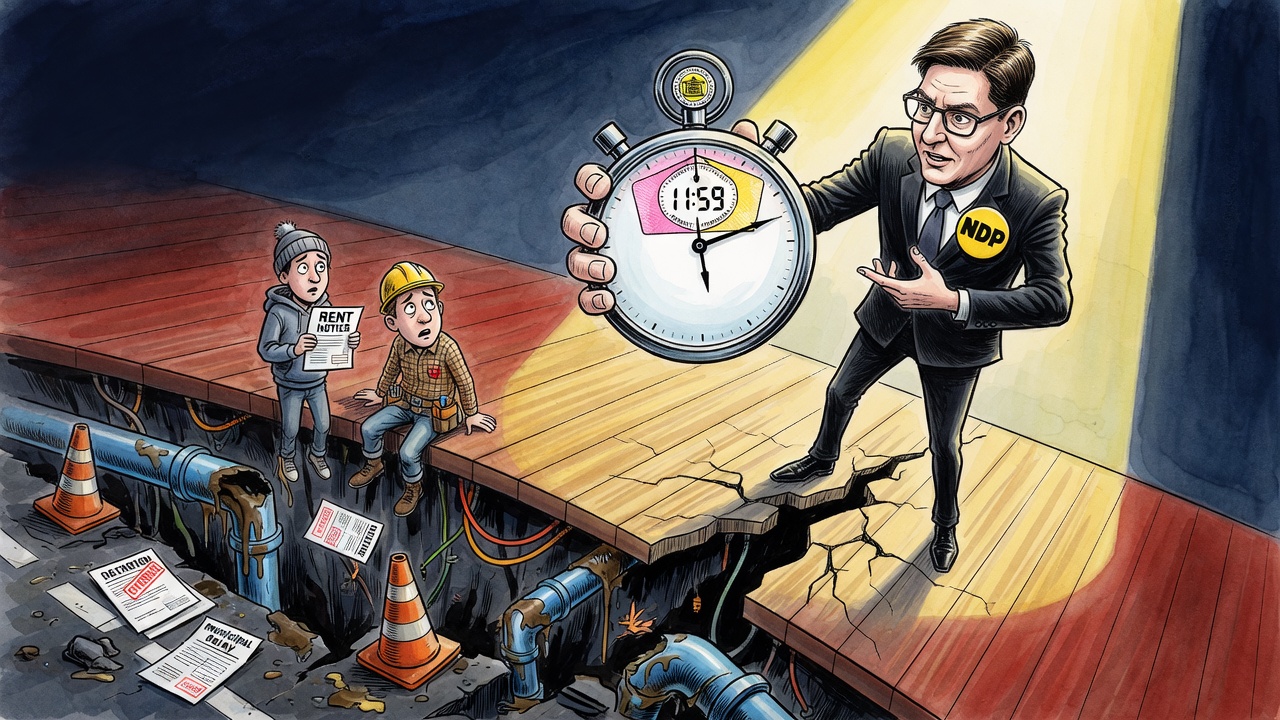 Editorial cartoon of David Eby presenting a giant housing permit stopwatch while a cracked floor reveals hidden infrastructure costs below