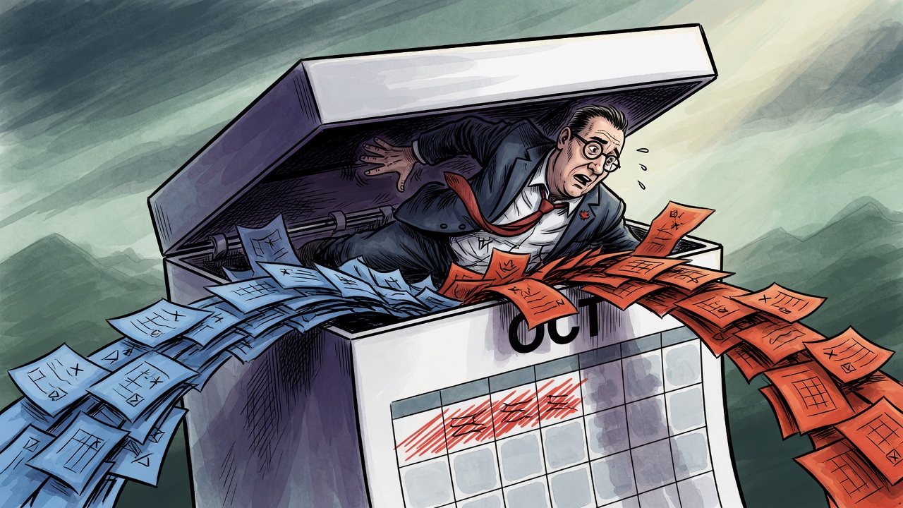 Editorial cartoon of a politician squeezed by a giant ballot-box calendar while ballots collide around him