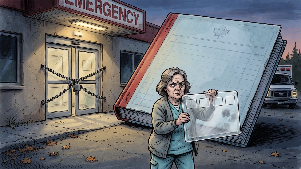 Editorial cartoon of a rural hospital emergency entrance blocked by chains and a large blank government ledger